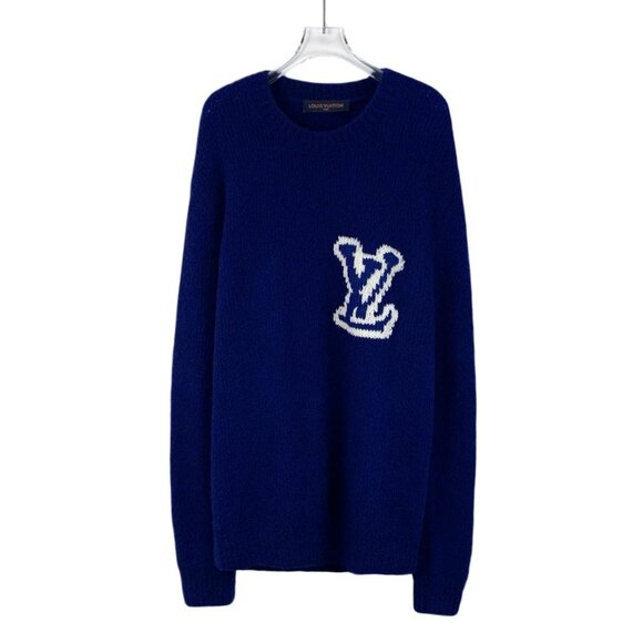 Louis Vuitton Dark Blue Logo Embroidered Woolen Round-Neck Long-Sleeved Knitted - Picture 1 of 7